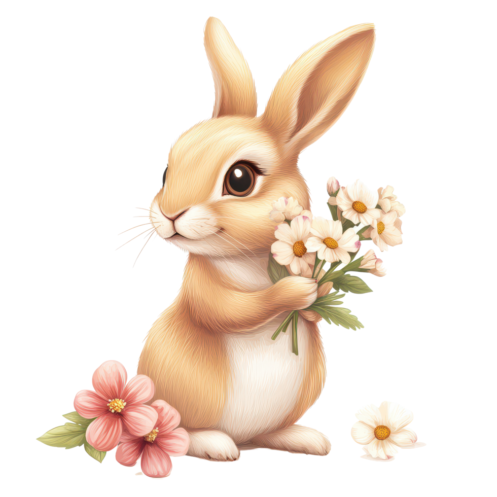 A cheerful cartoon rabbit holding flowers against a transparent background in a whimsical garden setting, a realistic a cartoon rabbit with flowers,, transparent background. png