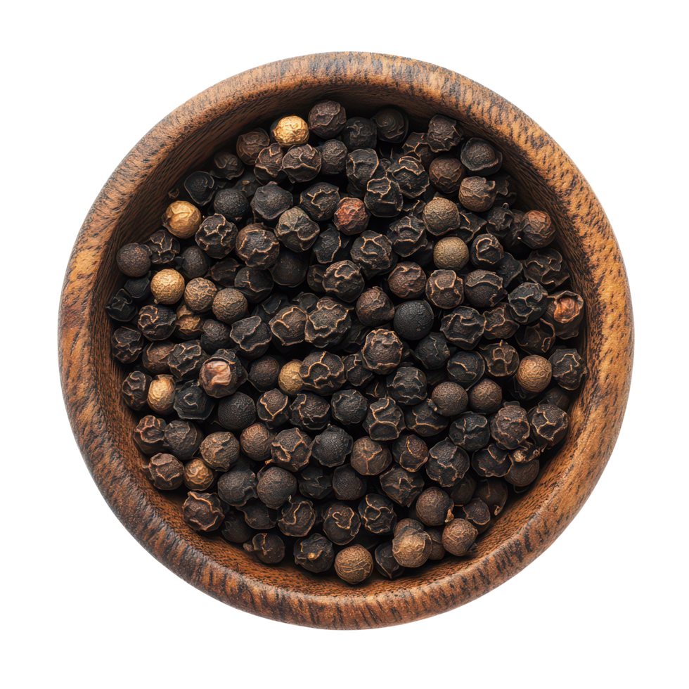 A bowl of black peppercorns isolated on a transparent background, perfect for culinary use and spice enthusiasts, black pepper in bowlisolated on transparent background png