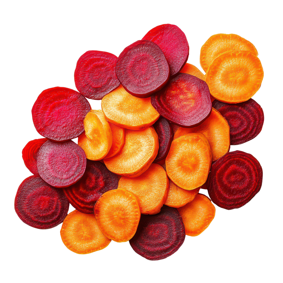 Slices of beetroot and carrot arranged on a transparent background showcasing vibrant colors and textures, Beetroot and carrot slices isolated on transparent background png