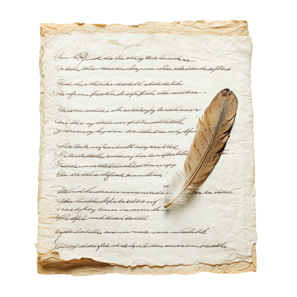 A traditional handwritten letter resting on aged parchment beside a quill pen crafted from a feather, A Traditional Handwritten Letter with Scroll and Feather, transparent background. png
