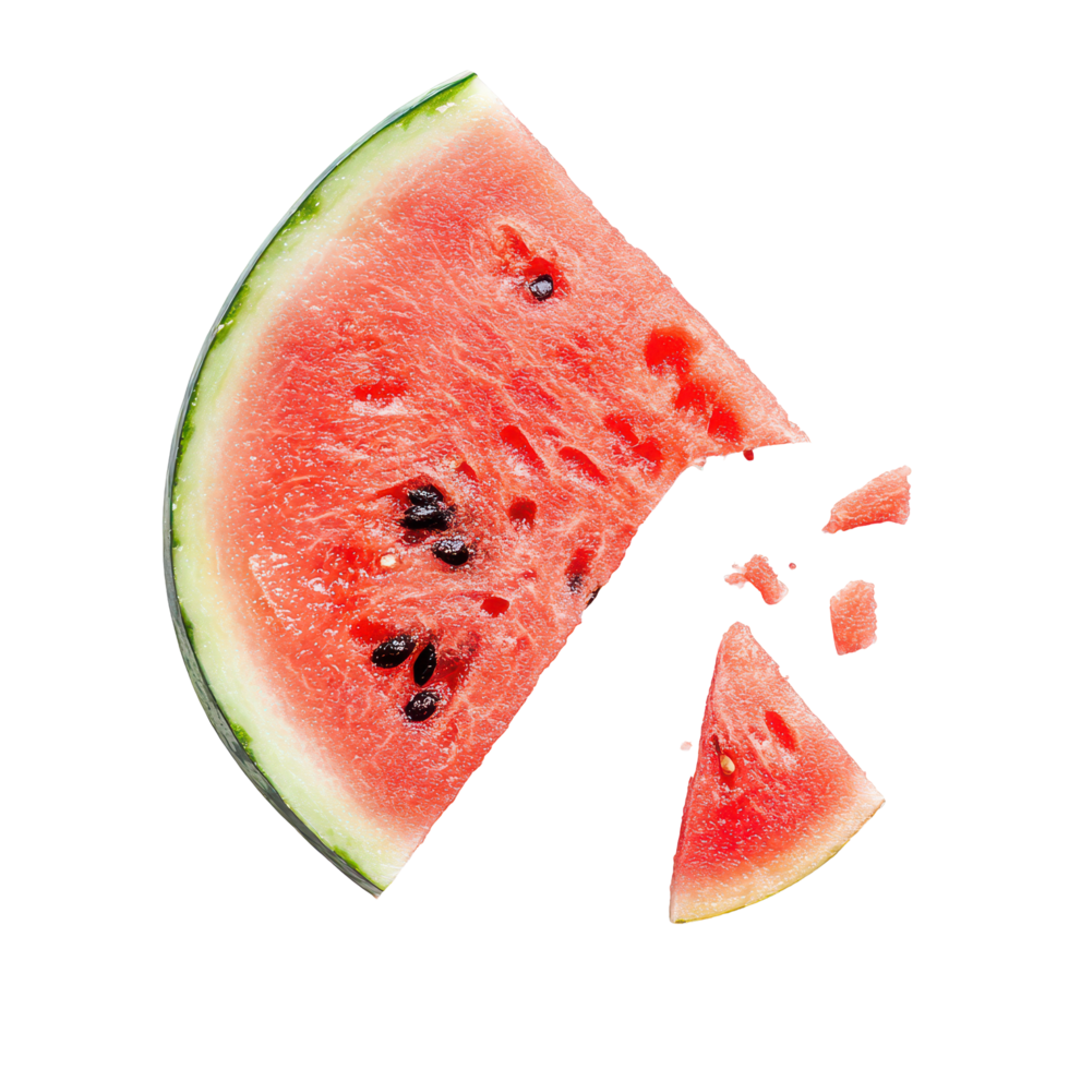 Freshly bitten slice of watermelon isolated against a clean transparent background showcasing summertime enjoyment, slice watermelon isolated on transparent background png