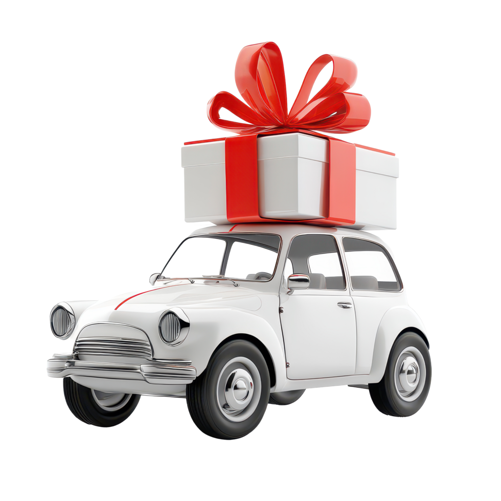 A cheerful car carries a large gift box adorned with a red ribbon on an isolated background, 3D style automobile car carrying the gift box transparent background png