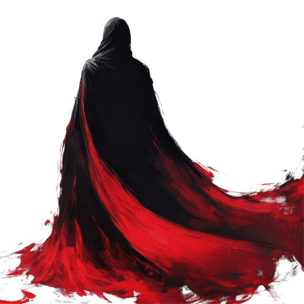 A mysterious cloaked figure with a striking red cape stands against a stark transparent background, evoking intrigue and drama, black cloaked figure with a red cape, transparent background. png