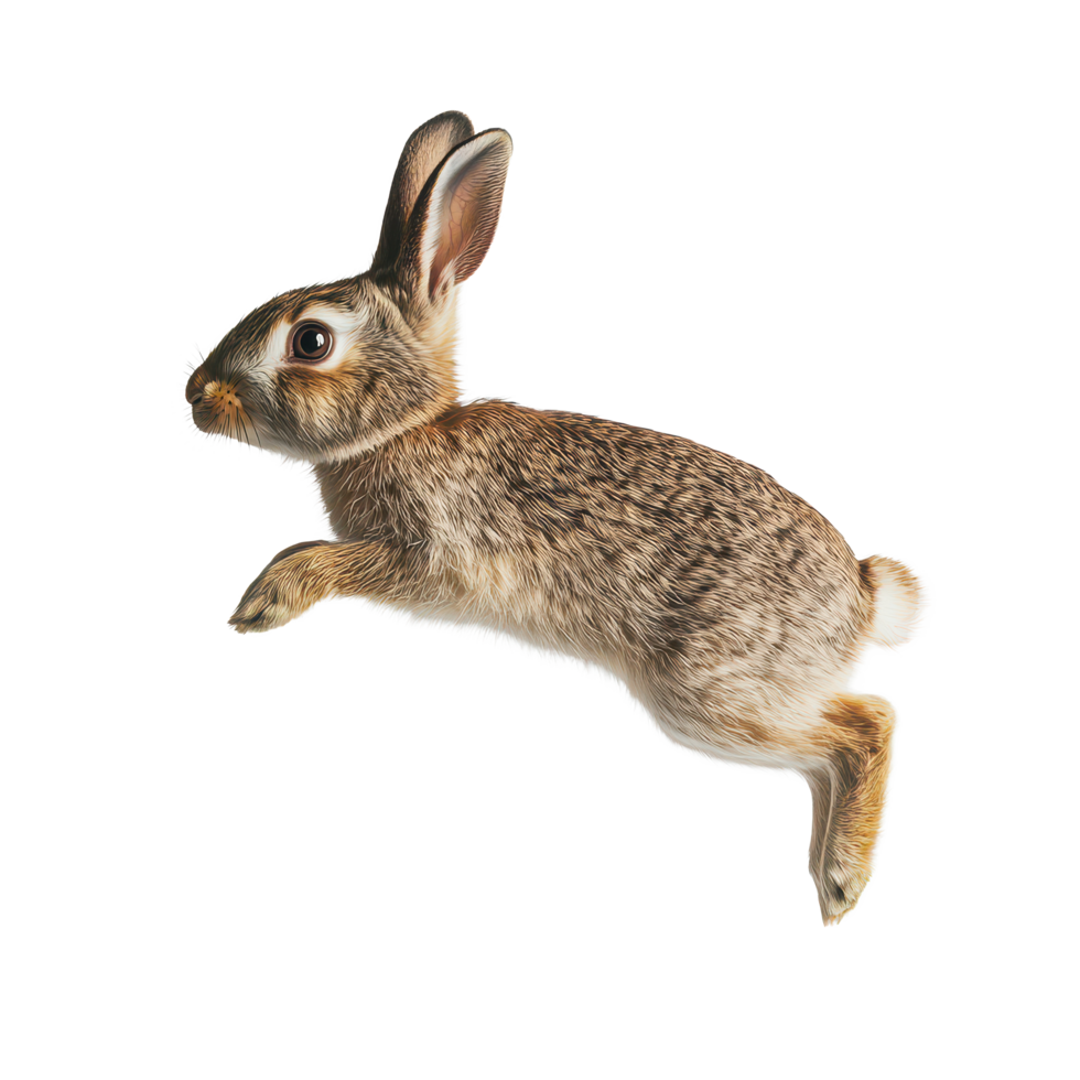 A brown rabbit gracefully jumping midair against a clean transparent background showcasing its agility, A brown rabbit mid-air jump, transparent background. png