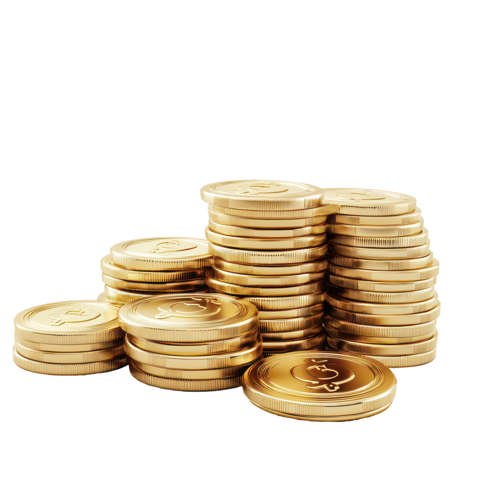 Cartoon gold coins stacked high on a transparent background representing wealth and prosperity in a simple design, 3D Cartoon Stacks Gold Coins On transparent background png
