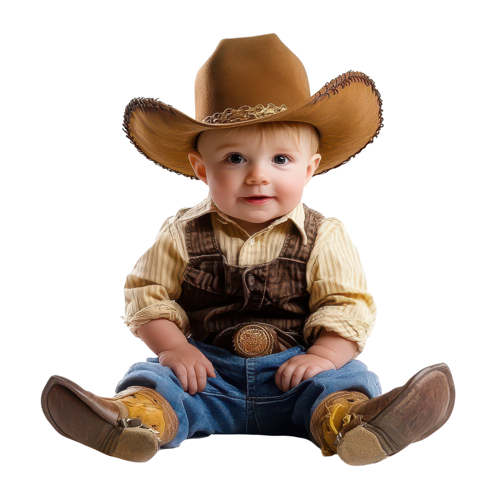 Adorable baby dressed as a cowboy sitting on a transparent background, showcasing a playful frontier spirit, Baby kid dressed as cowboy isolated on transparent background png
