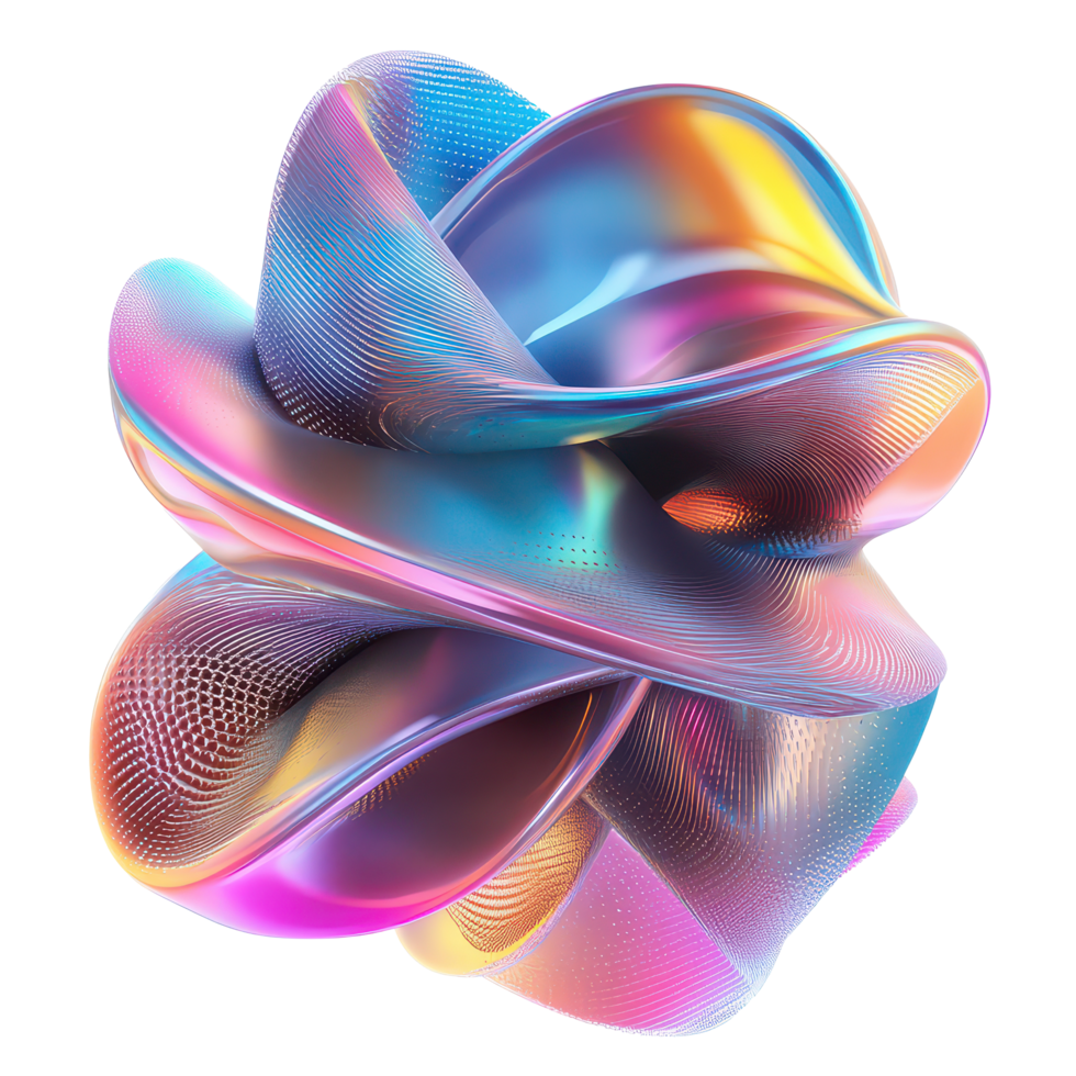 Exploring abstract holographic shapes in vibrant colors set against a clean transparent background, Abstract Holographic 3D Shapes - On transparent background png