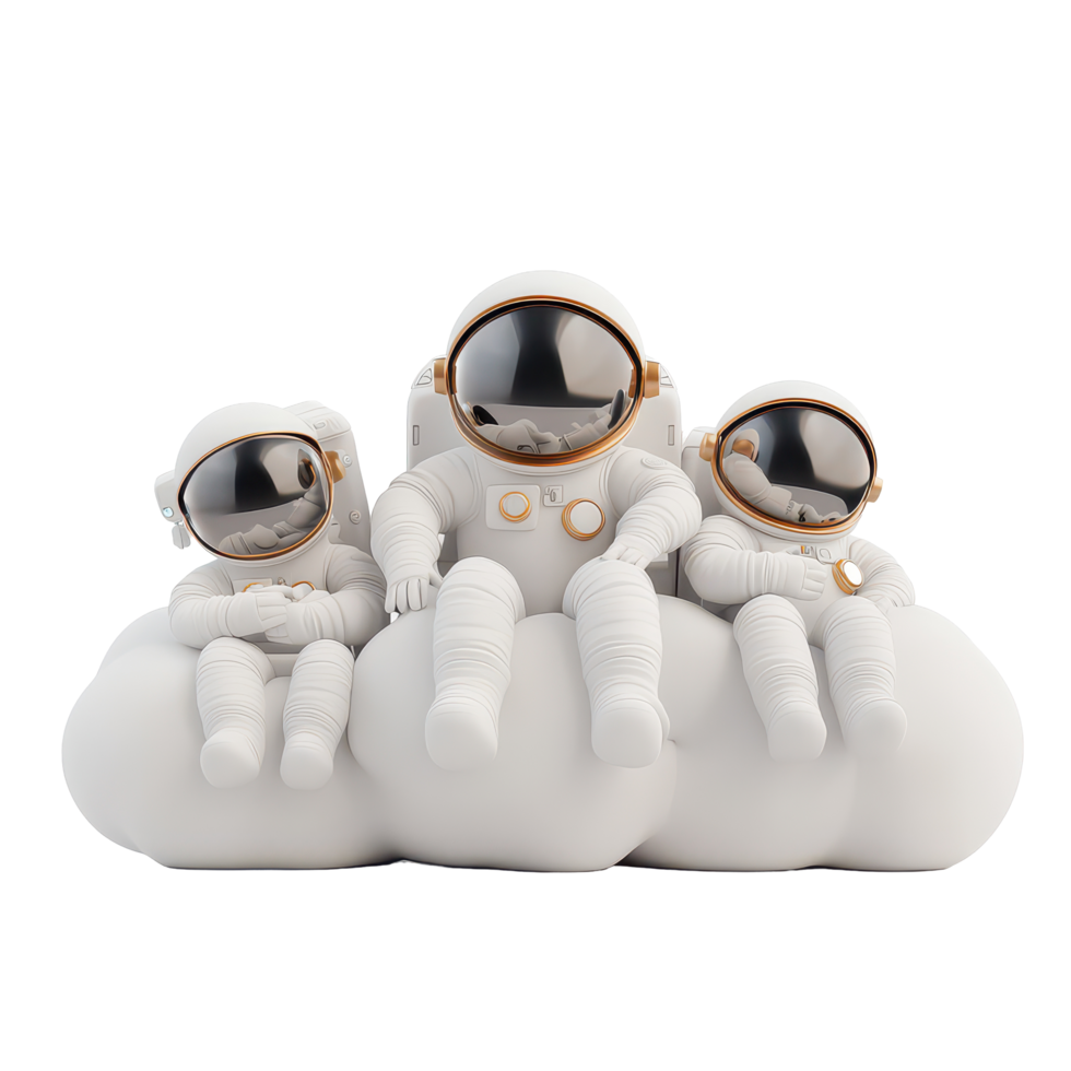 Cartoon astronauts lounging on fluffy clouds against a transparent background during, 3D Cartoon Astronauts Relaxing on Clouds on transparent background Space Exploration Rest Concept png
