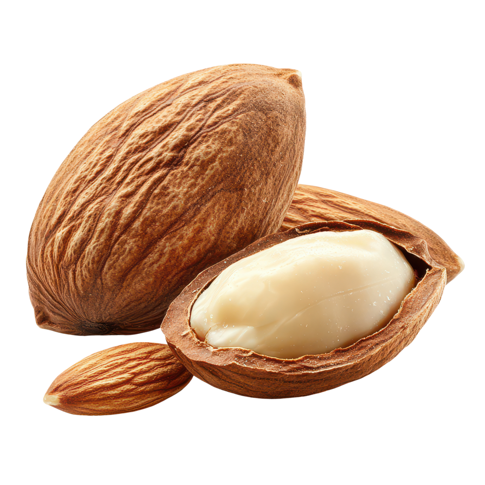 Almond seeds resting on a transparent background showcasing their texture and natural colors, Almonds seedsisolated on transparent background png