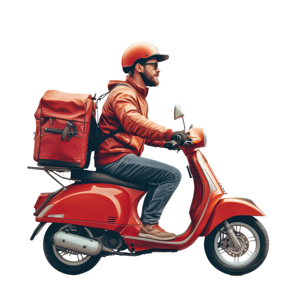 Delivery man riding a red scooter with a brown backpack against a plain transparent background, a delivery man on his scooter on transparent background png