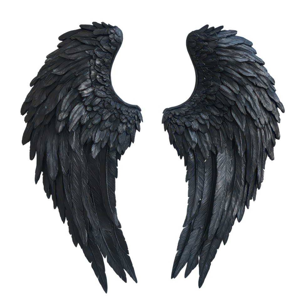 Elegant black angel wings displayed against a pure transparent background contrasting beauty and darkness in a serene setting, Black Angel wings on transparent background png