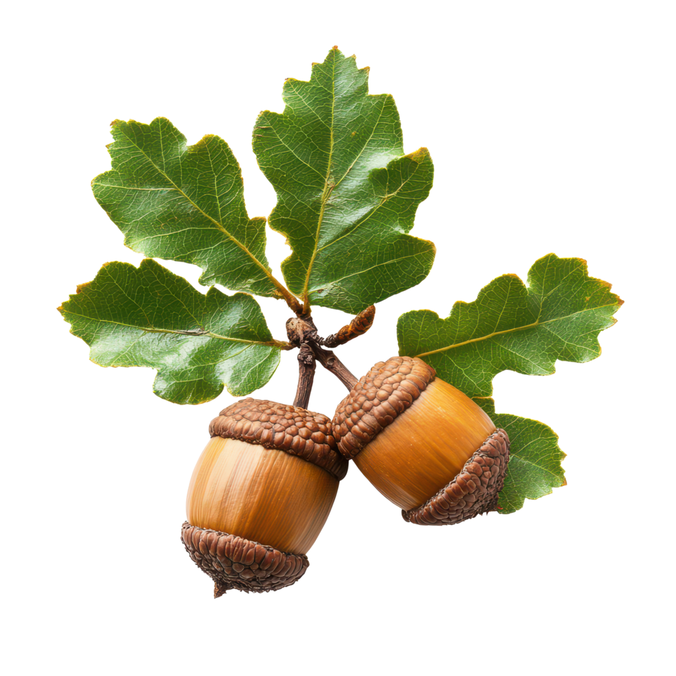 An acorn branch with two nuts and vibrant oak leaves isolated on a transparent background, Acorn branch isolated oak leaf plant nut tree, transparent background. png