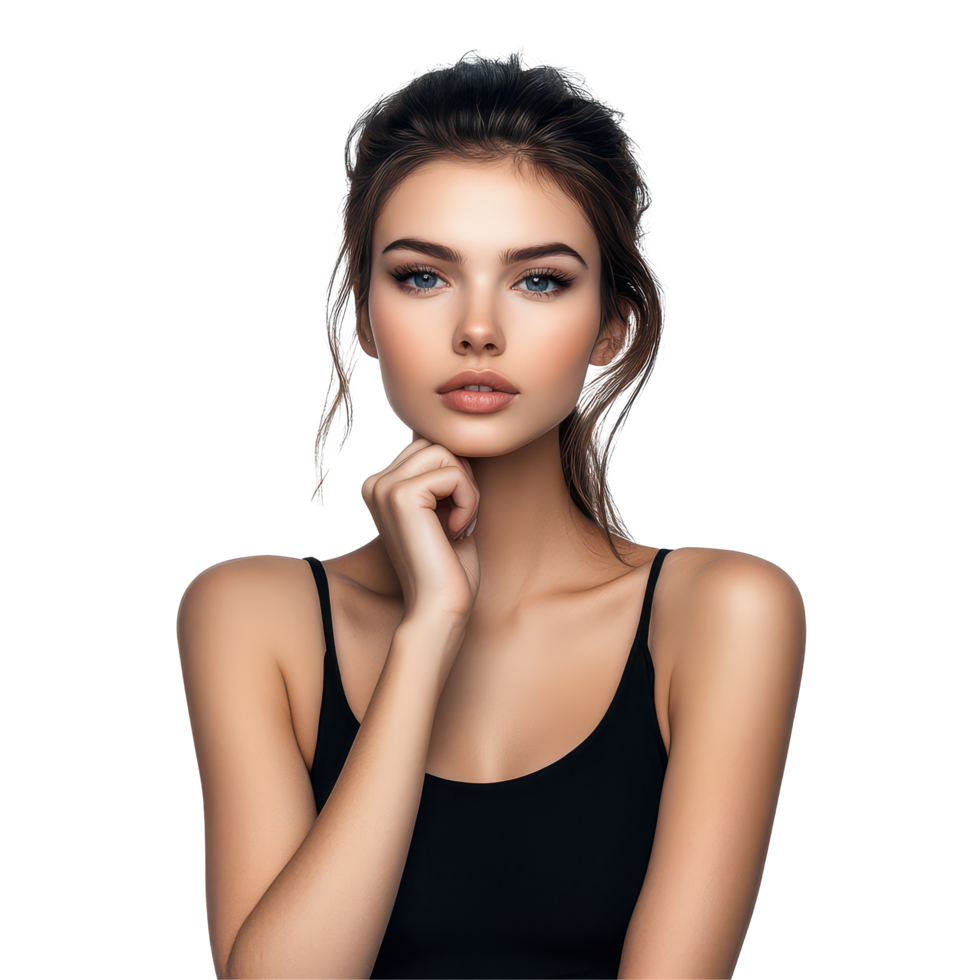 Young woman with elegant features posing thoughtfully against a plain transparent background in a studio setting, Beautiful Young woman posing isolated on transparent background png