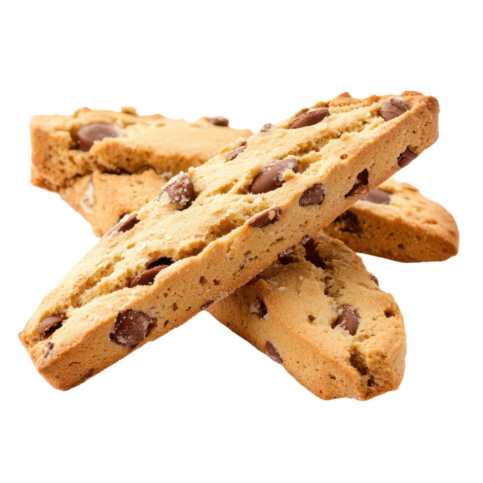 Delicious chocolate chip biscotti arranged on a clean transparent background, perfect for snacking at any time, Biscotti isolated on transparent background png