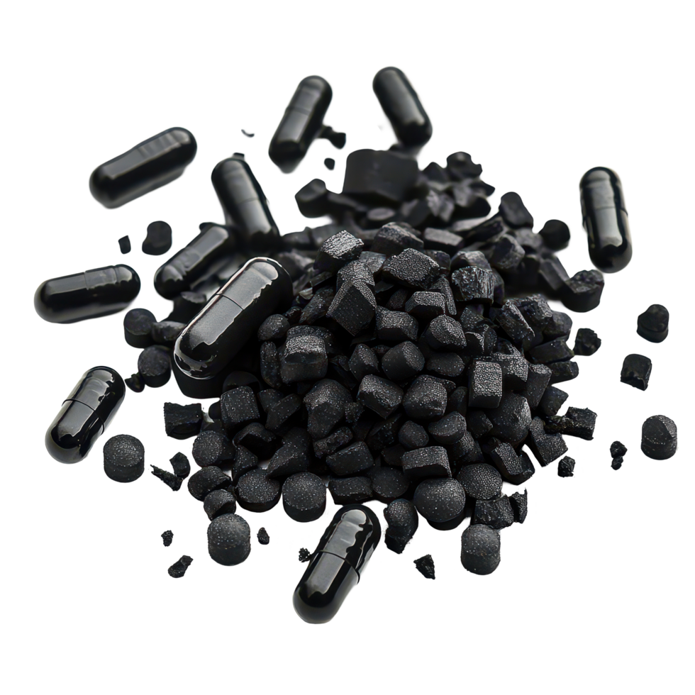 Activated charcoal carbon pills and granules isolated on a clean transparent background for health and wellness applications, Activated charcoal carbon pillsisolated on transparent background png