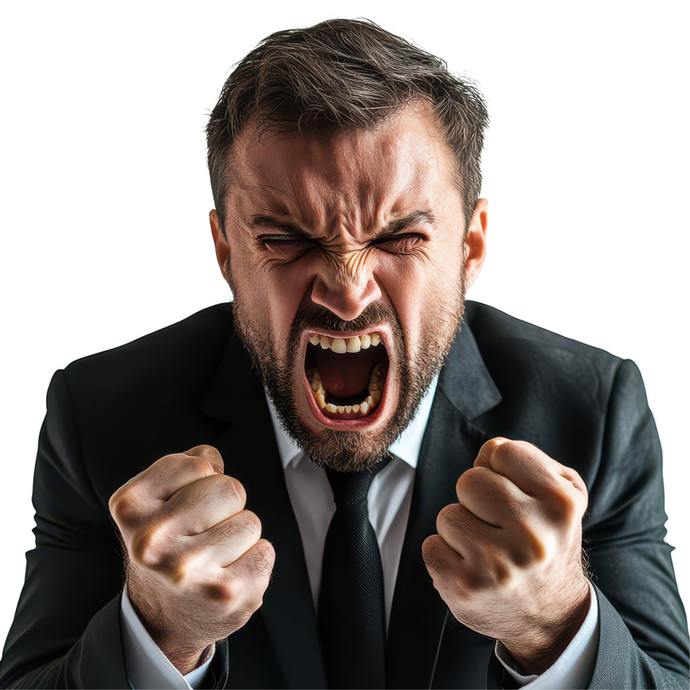 Angry businessman shouting passionately against a transparent background in a formal suit during a corporate meeting, Angry Businessman Shouting on transparent background png