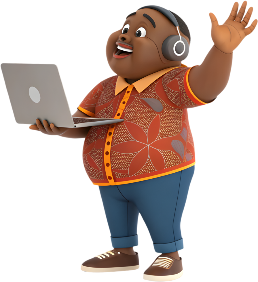Cartoon Man Engages with Tech in Playful Enthusiasm. . png
