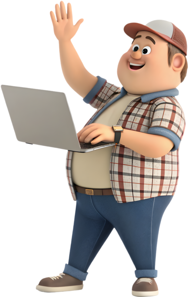 Cheerful Cartoon Man Navigates Tech in Delightful Ways. . png