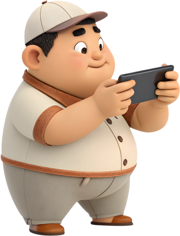 Charming Cartoon Man Engages with Technology in Cheerful Ways. . png