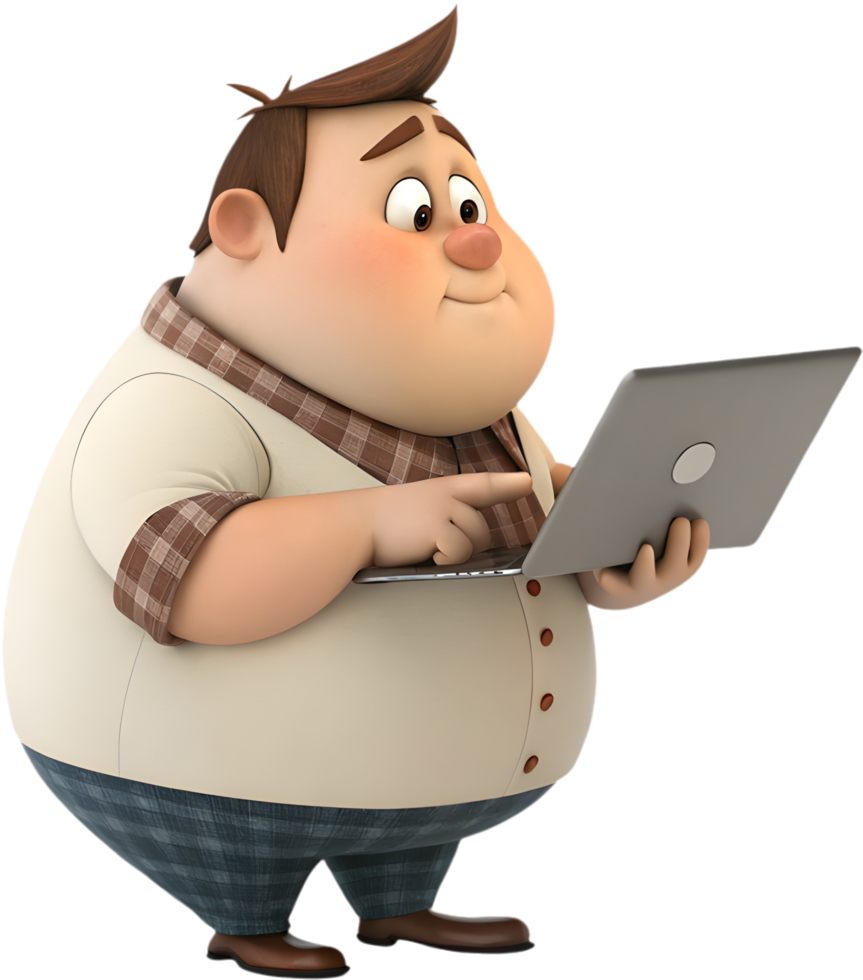 Engaging Cartoon Man Interacts with Tech in Playful Ways. . png