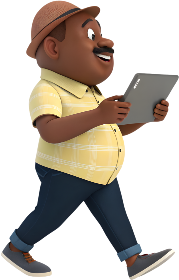 Fun Cartoon Man Engages with Technology in Cheerful Ways. . png