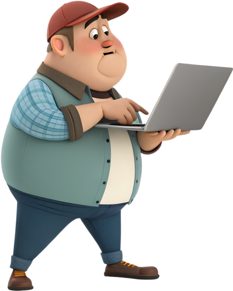 Cute Cartoon Man Explores Technology with Playful Enthusiasm. . png