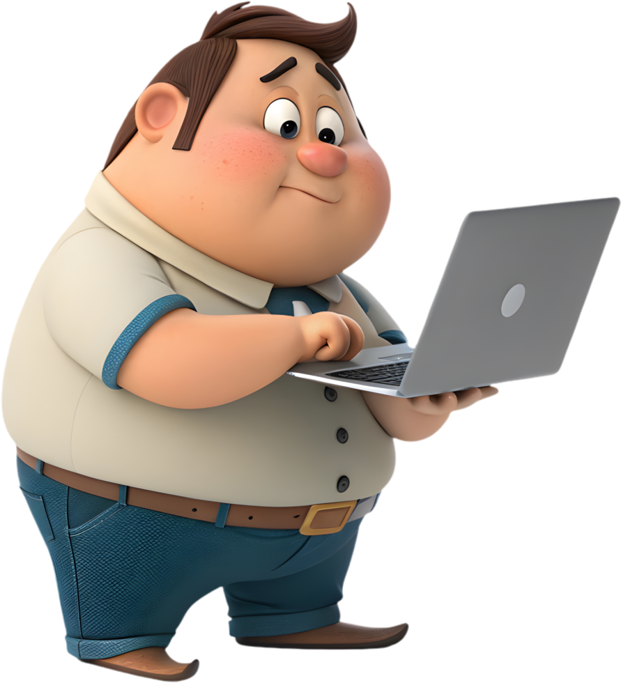 Whimsical Cartoon Man Engages with Modern Technology Playfully. . png