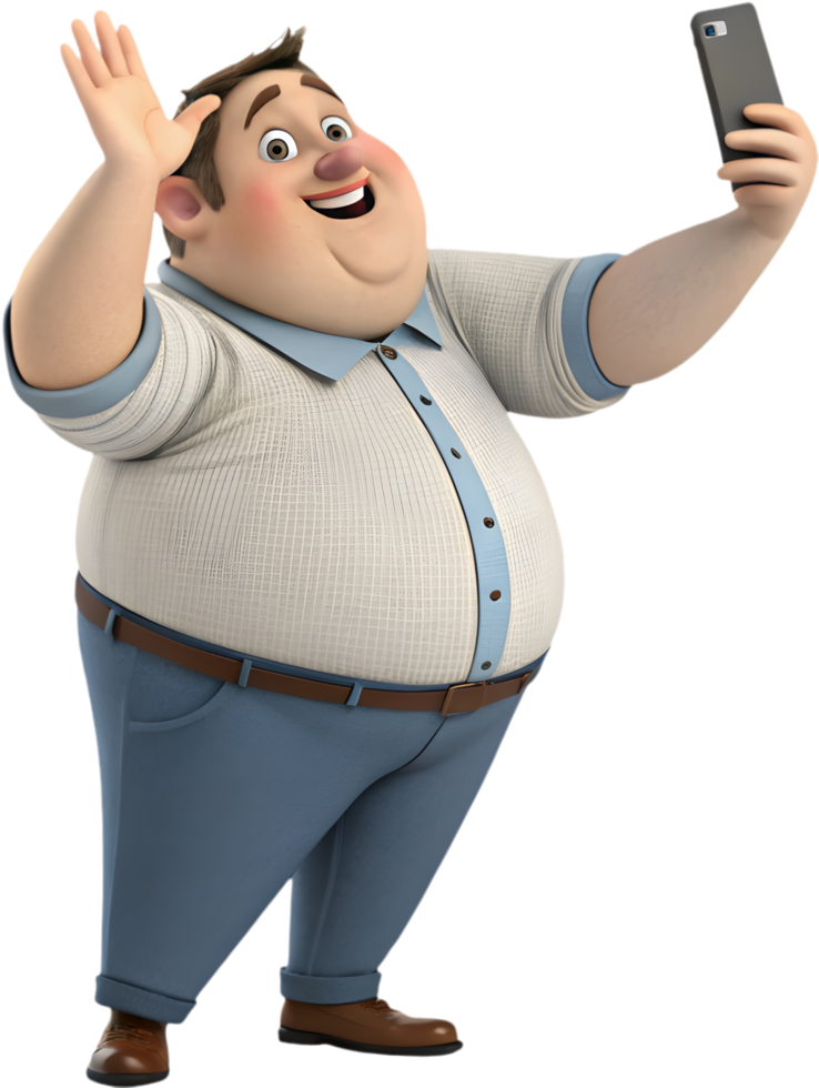 Charming Cartoon Man Navigates Technology with Playful Enthusiasm. . png