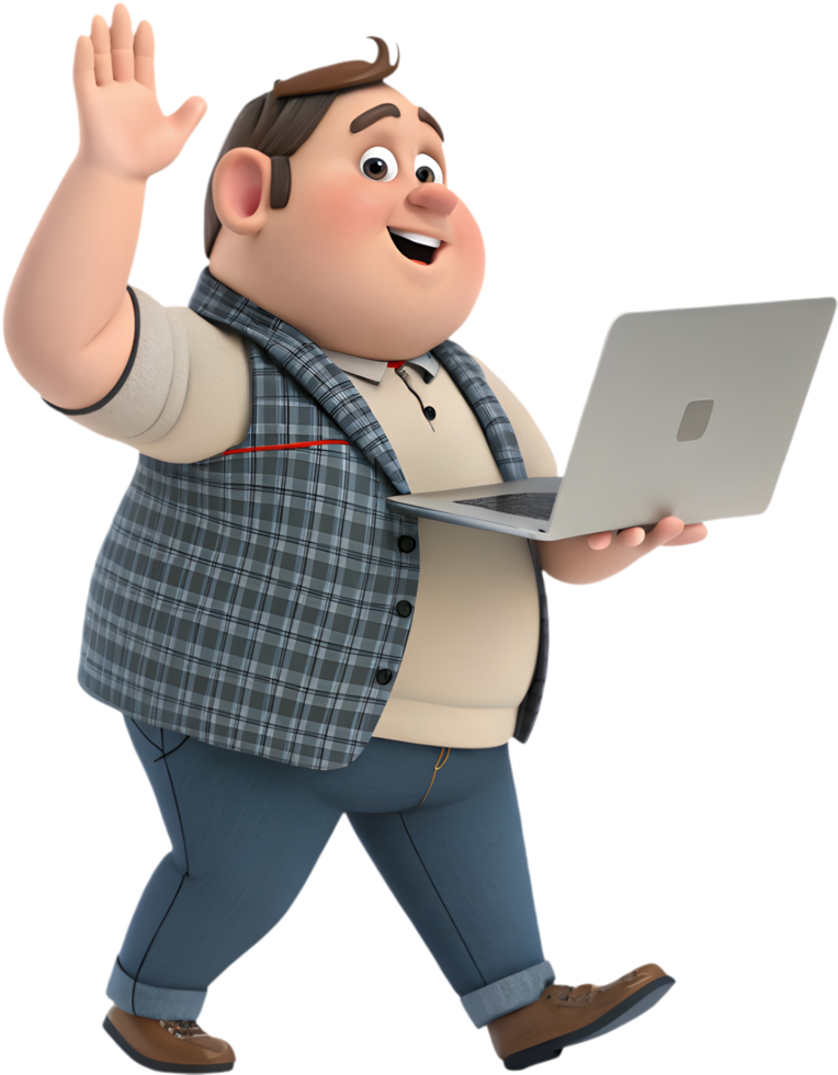 Cheerful Cartoon Man Uses Technology with Delightful Enthusiasm. . png