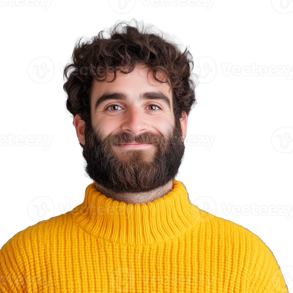 Smiling man with curly hair in a yellow sweater on transparent background png