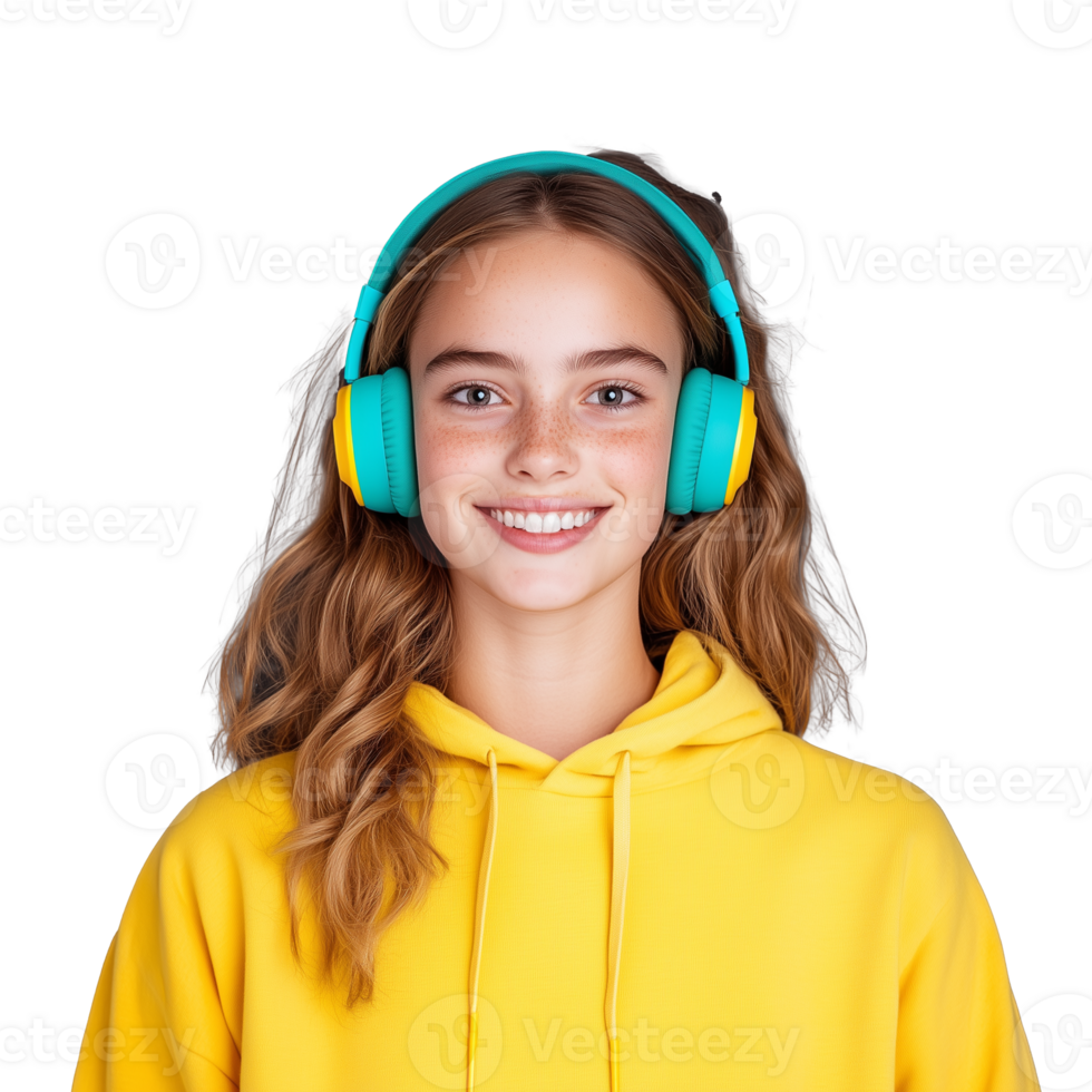 Smiling girl wearing colorful headphones on transparent background png