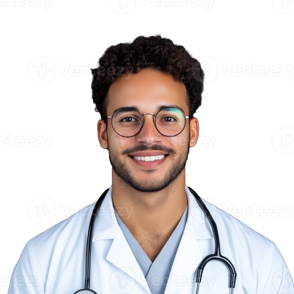 Smiling doctor wearing glasses with stethoscope on transparent background png