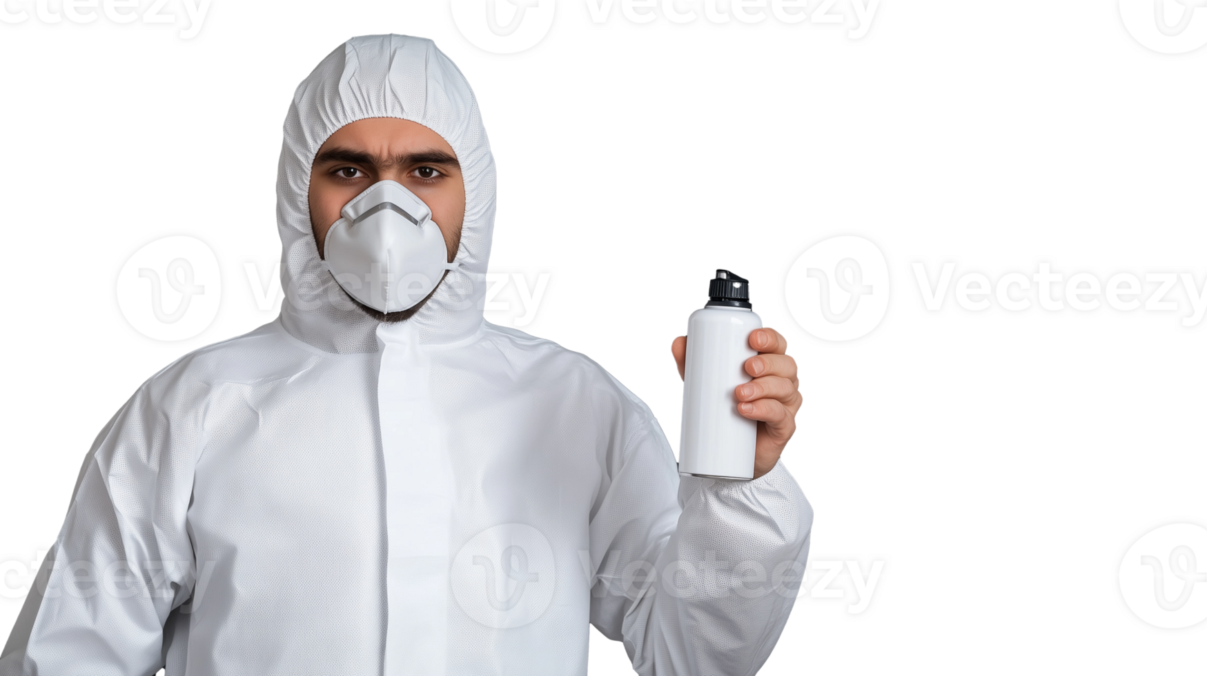 Protective equipment wearer holding spray bottle on transparent background png