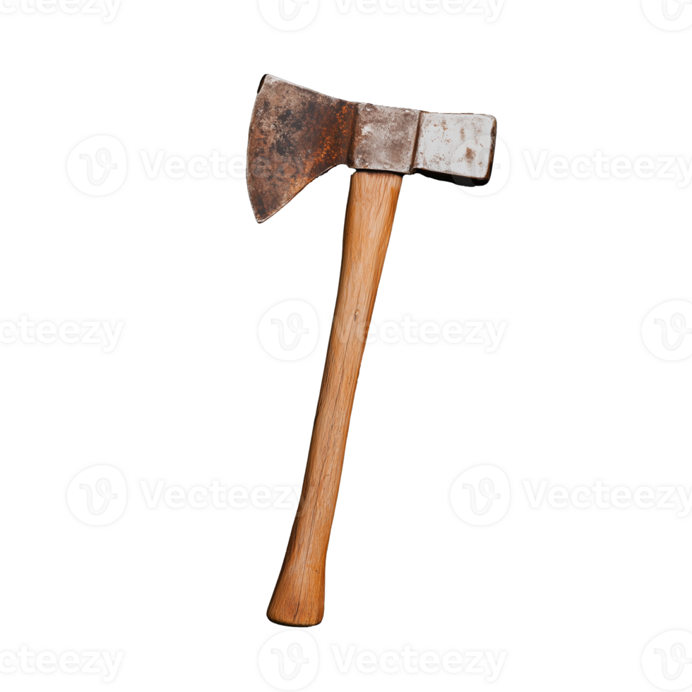 Vintage axe with rustic blade and wooden handle, transparent background png