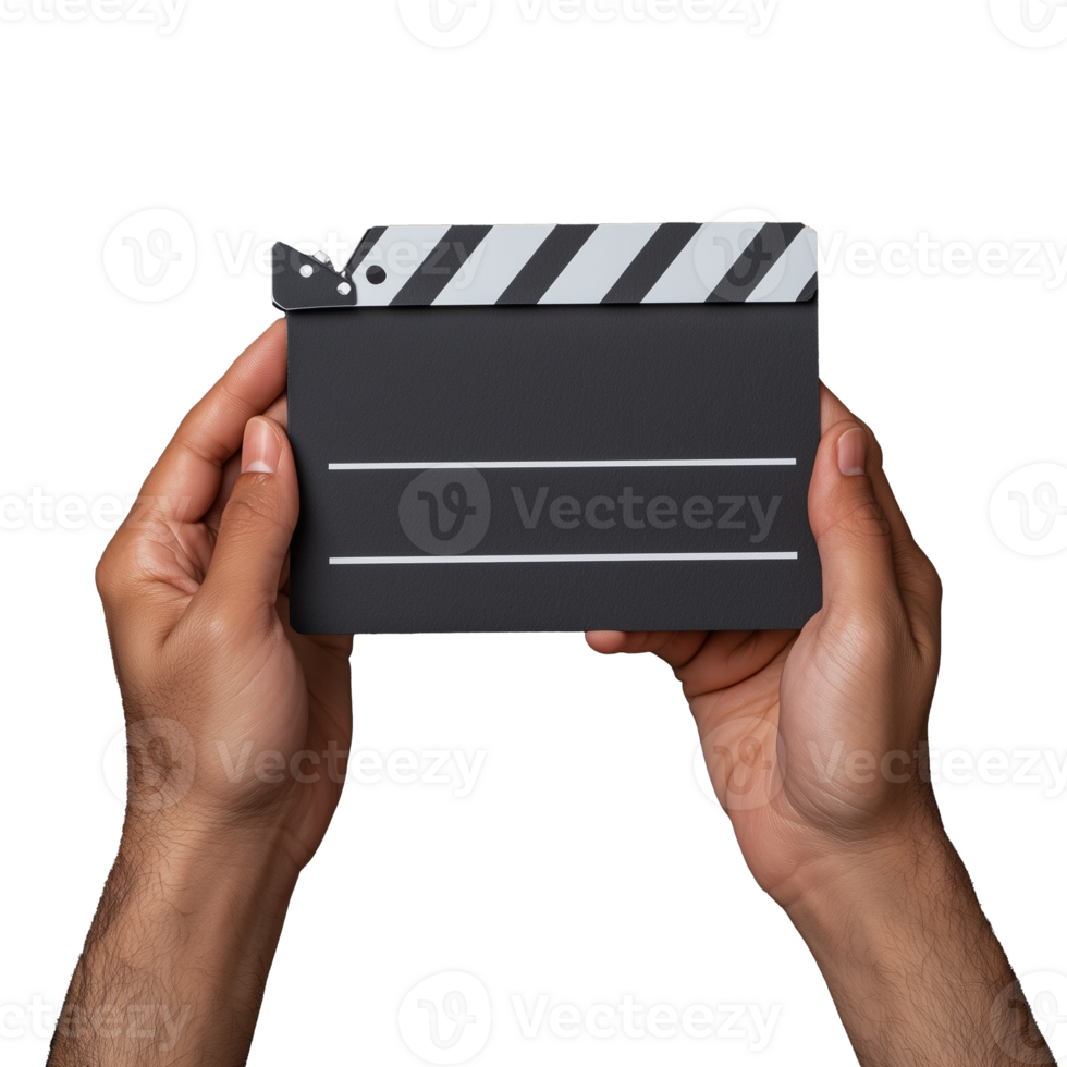 Clapperboard held in hands with transparent background for film production png