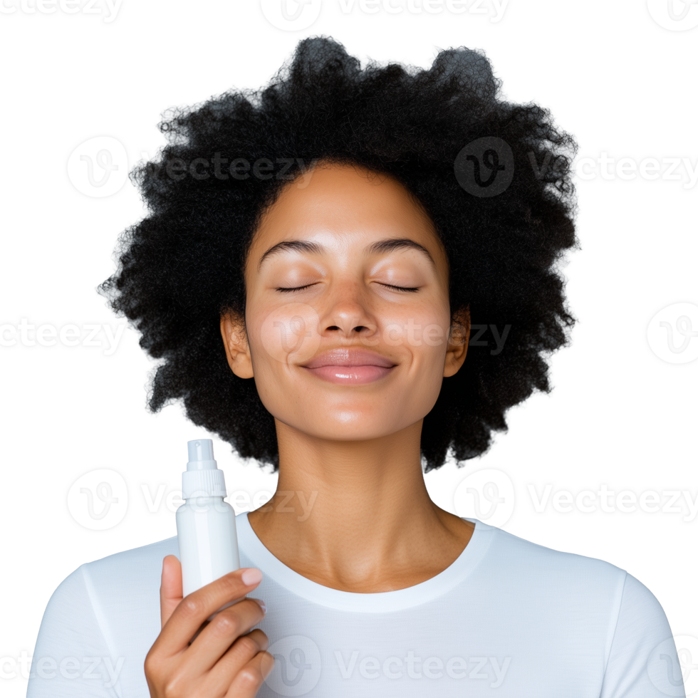 Woman Holding Skincare Spray on Transparent Background for Beauty and Wellness png