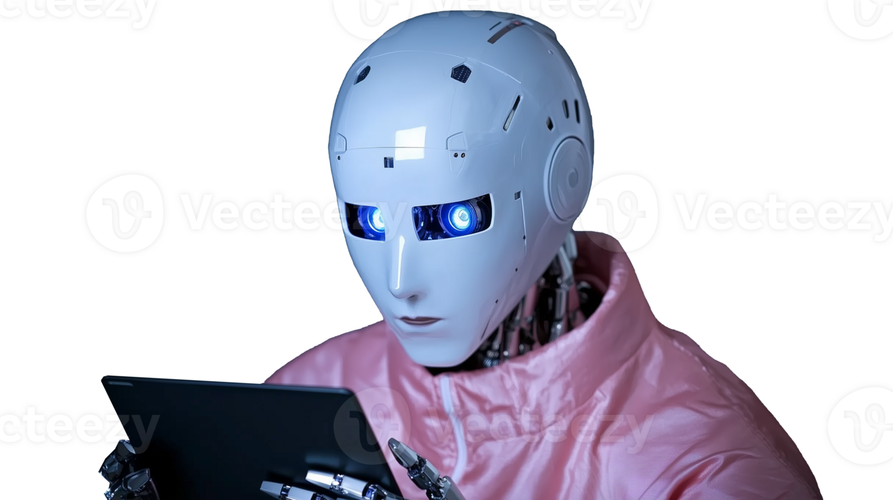 Robotic figure with blue eyes using tablet on transparent background png