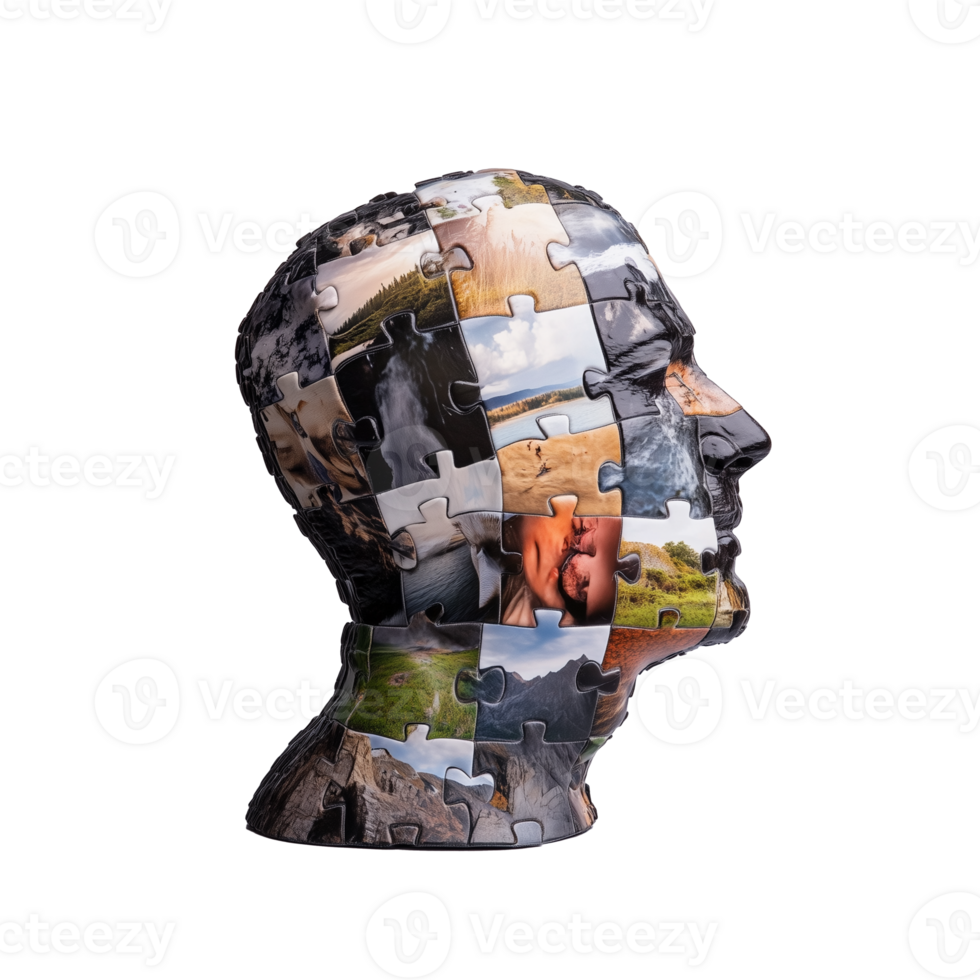 Puzzle head sculpture with diverse imagery on transparent background png