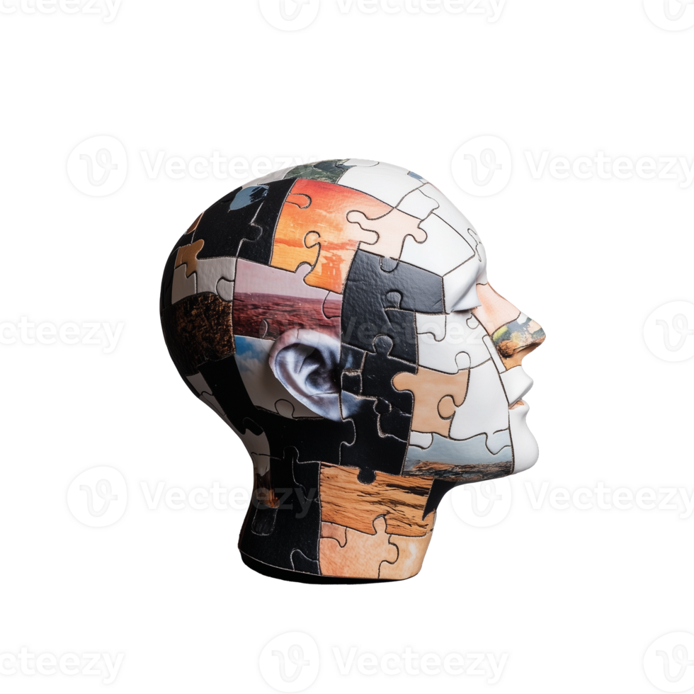 Puzzle Head Sculpture with Various Images on Transparent Background png