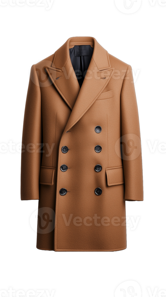 Stylish brown wool overcoat with double-breasted design on transparent background png