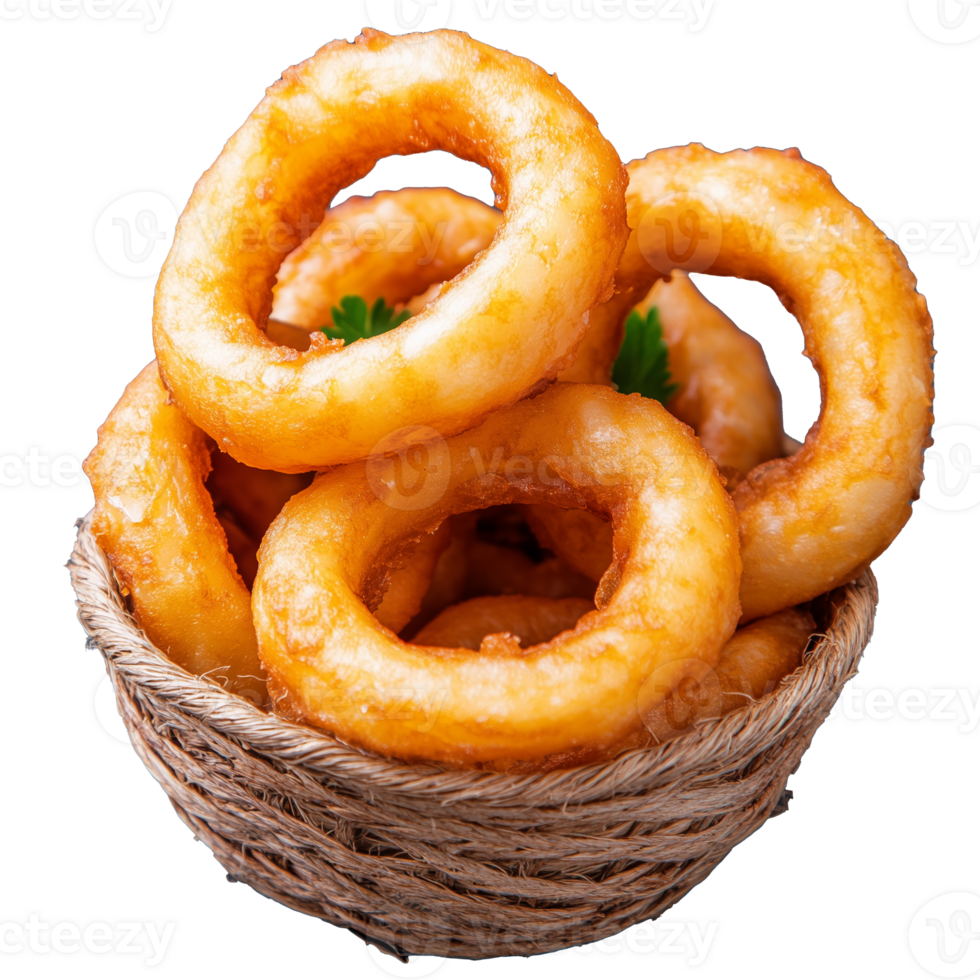 Crispy Onion Rings in a Basket on Transparent Background png