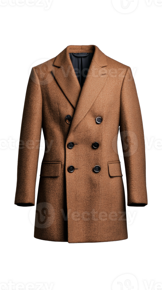 Elegant brown double-breasted coat with transparent background for fashion display png