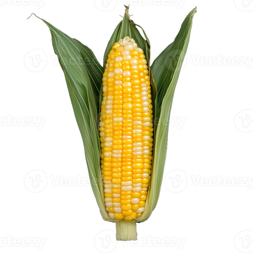 Fresh yellow corn on the cob with green leaves, transparent background png