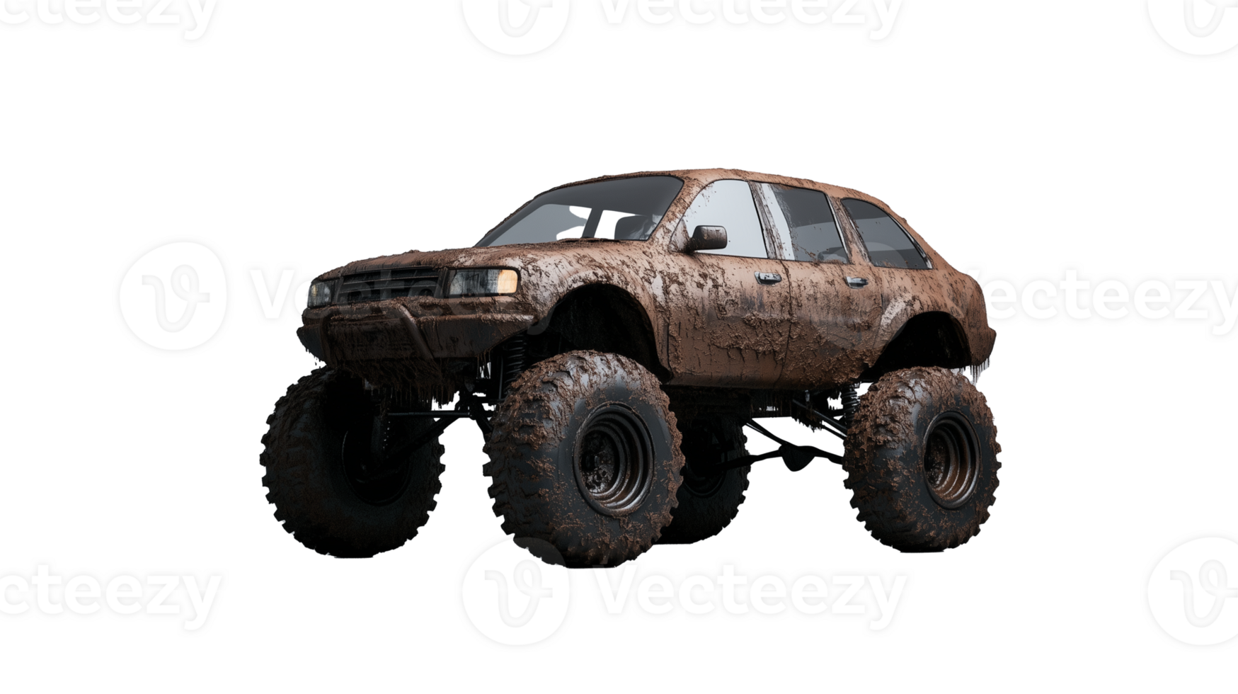 Muddy off-road vehicle with oversized tires on transparent background png