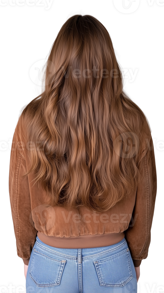 Woman with Long Wavy Hair in Brown Jacket on Transparent Background png