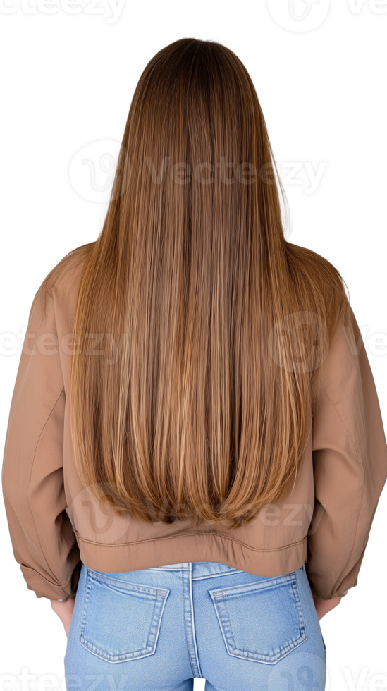 Long brown hair flowing down on a person wearing a brown jacket with transparent background png