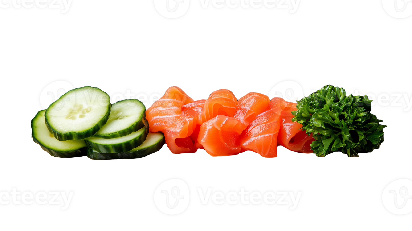 Fresh Salmon Slices with Cucumber and Parsley on Transparent Background png