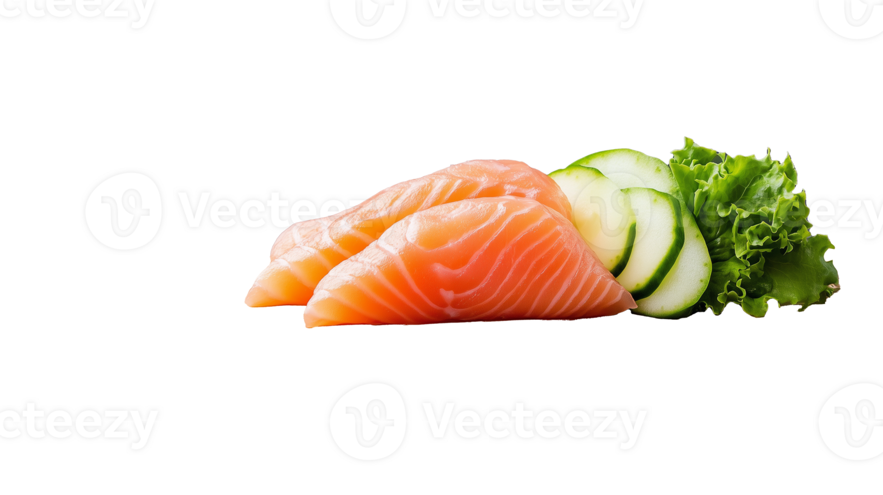 Fresh salmon fillet with cucumber and lettuce on transparent background png