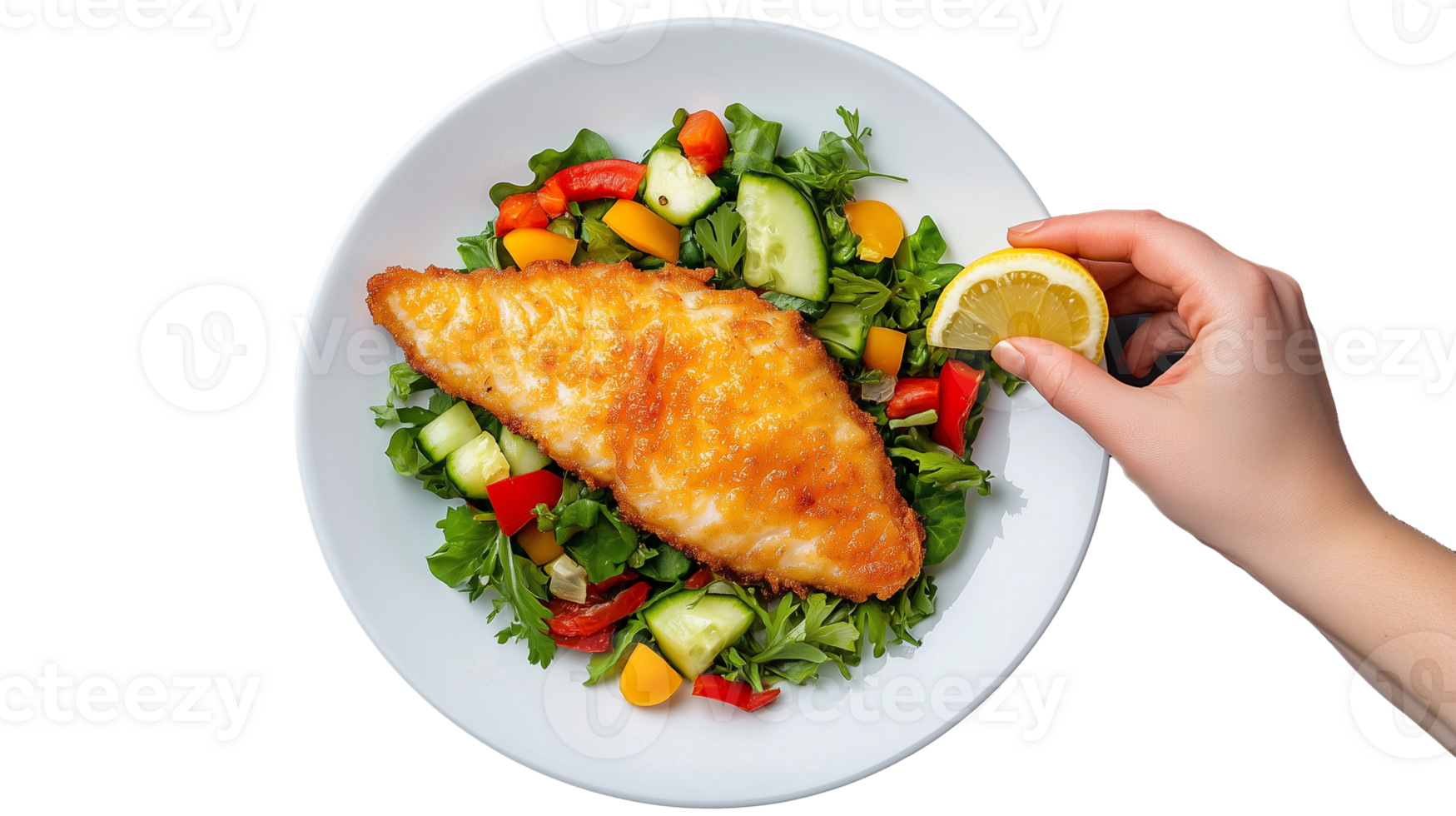 Crispy fish fillet on vibrant salad with lemon slice, transparent background png