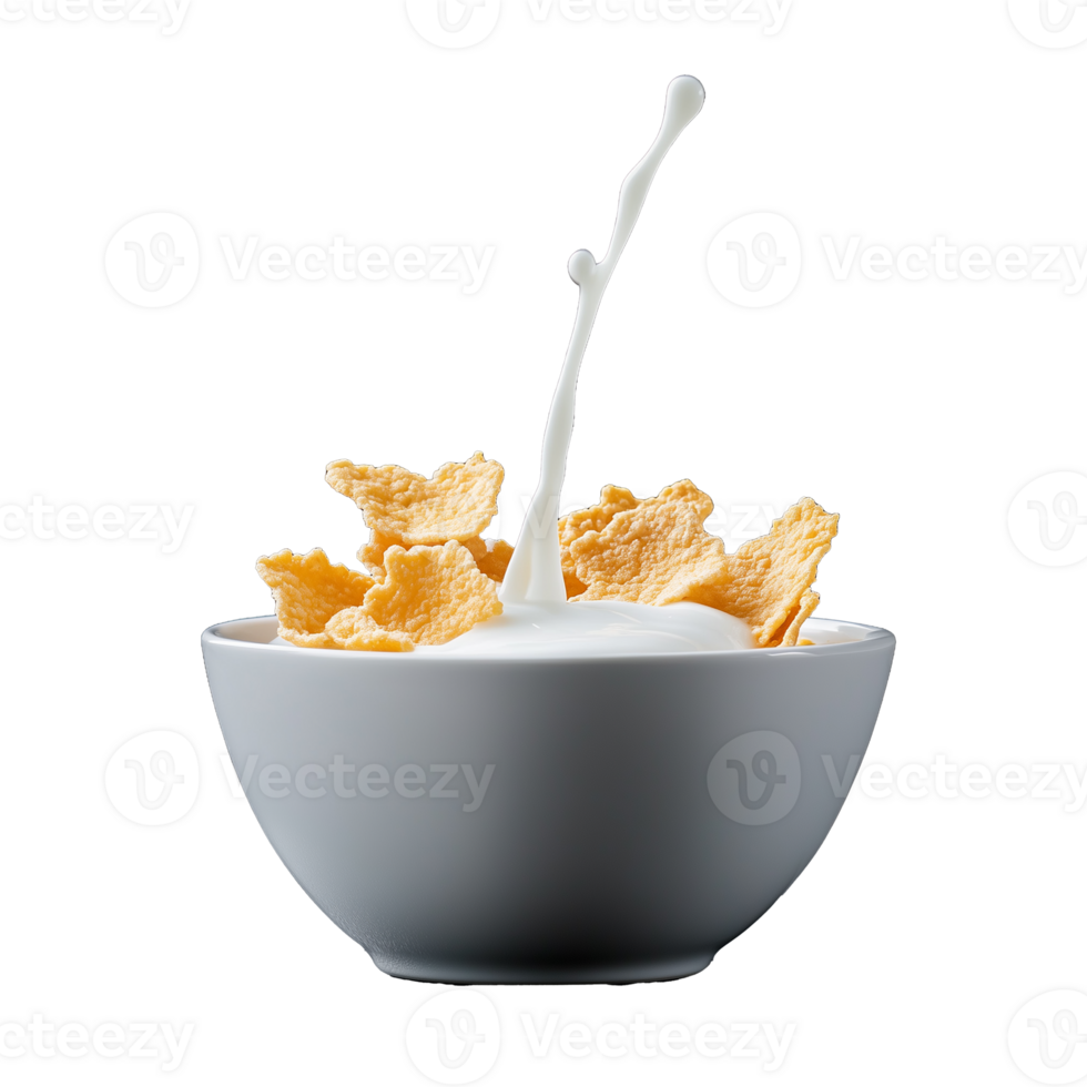 Bowl of cereal with milk splash on transparent background png